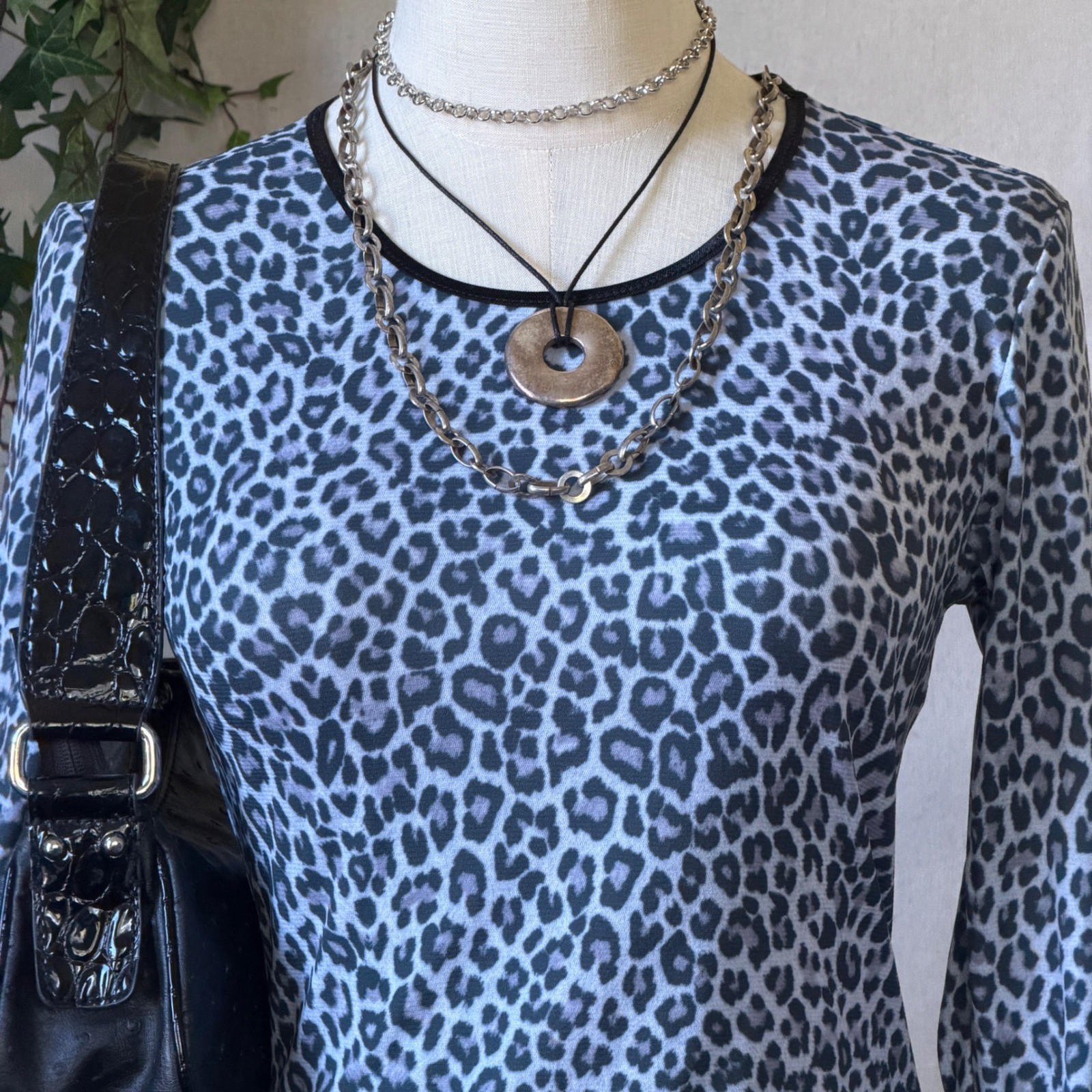 Grey Black Leopard Print Micro Mesh Long Sleeve Top Grunge Y2K Vintage M Goth