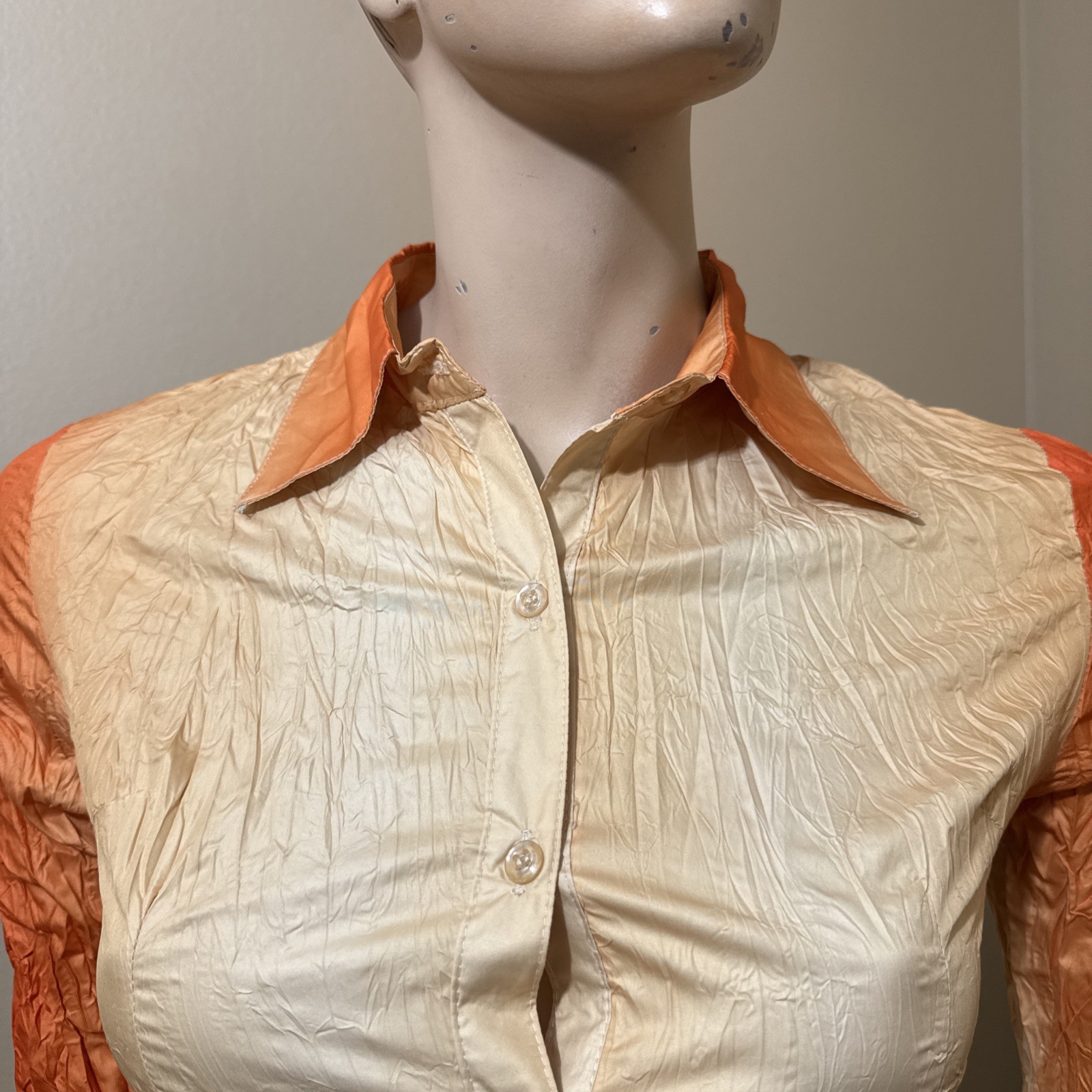 Women’s Sand Orange Ombré Polyester Pleated Collared Size S Shirt Blouse Top