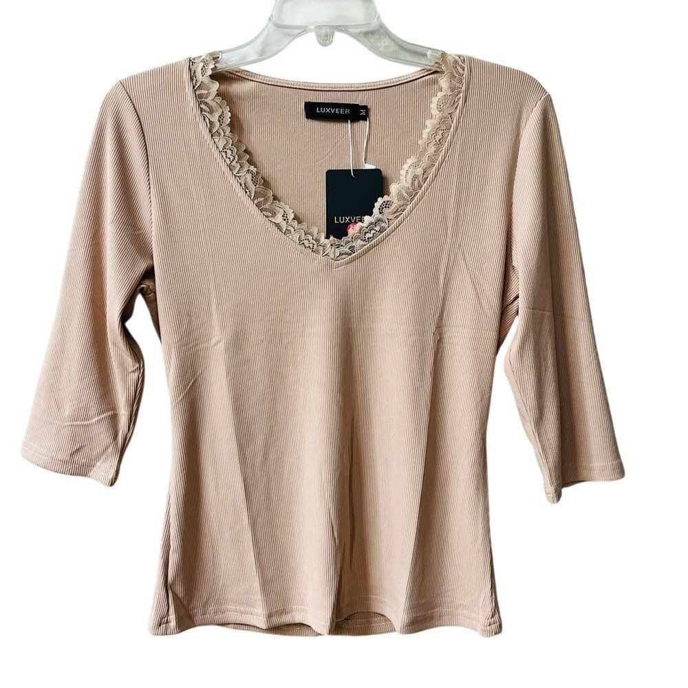 Ribbed Lace V Neck Fitted Shirt Womens Medium Tan Stretchy Trendy minimalist New