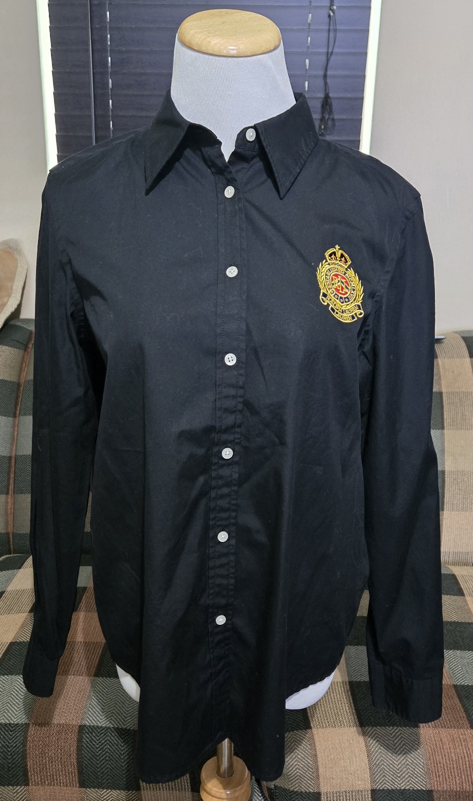 Lauren Ralph Lauren Womens M Black Button Down Shirt Embroidered Crest Logo READ
