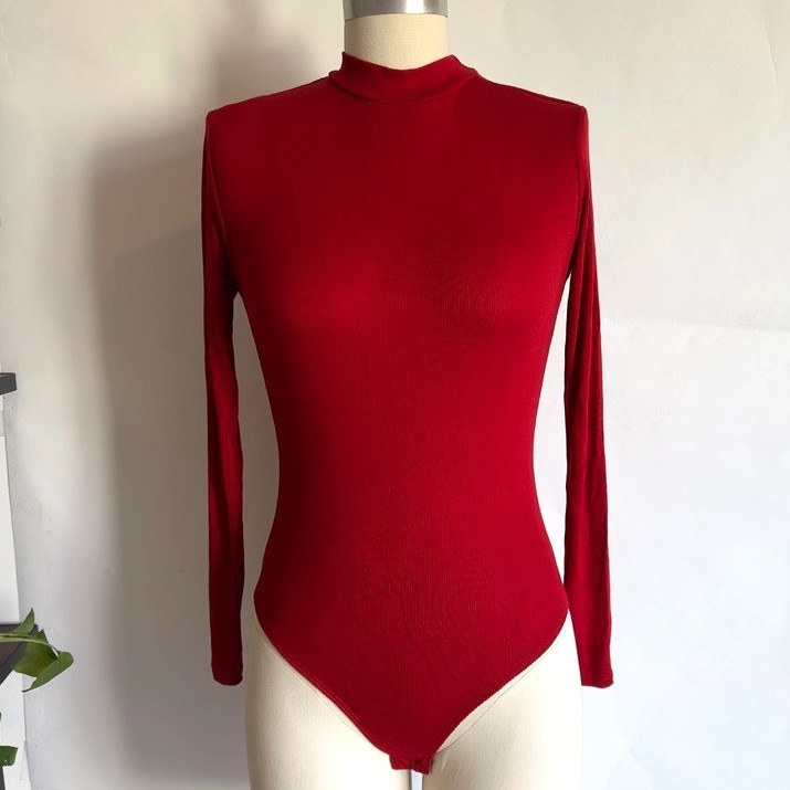 NEW Olivaceous Ribbed Mock Neck Long Sleeve Bodysuit-Ruby Red-Size S- RRP $49