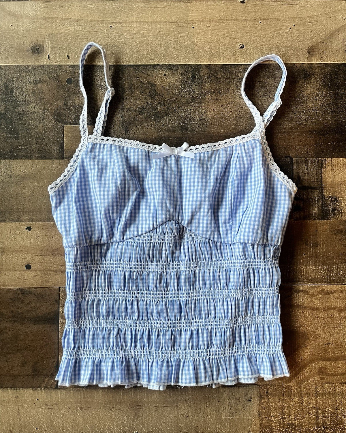 Fashion Nova S Blue White Gingham Smocked Lace Ruffle Square Neck Cami Tank