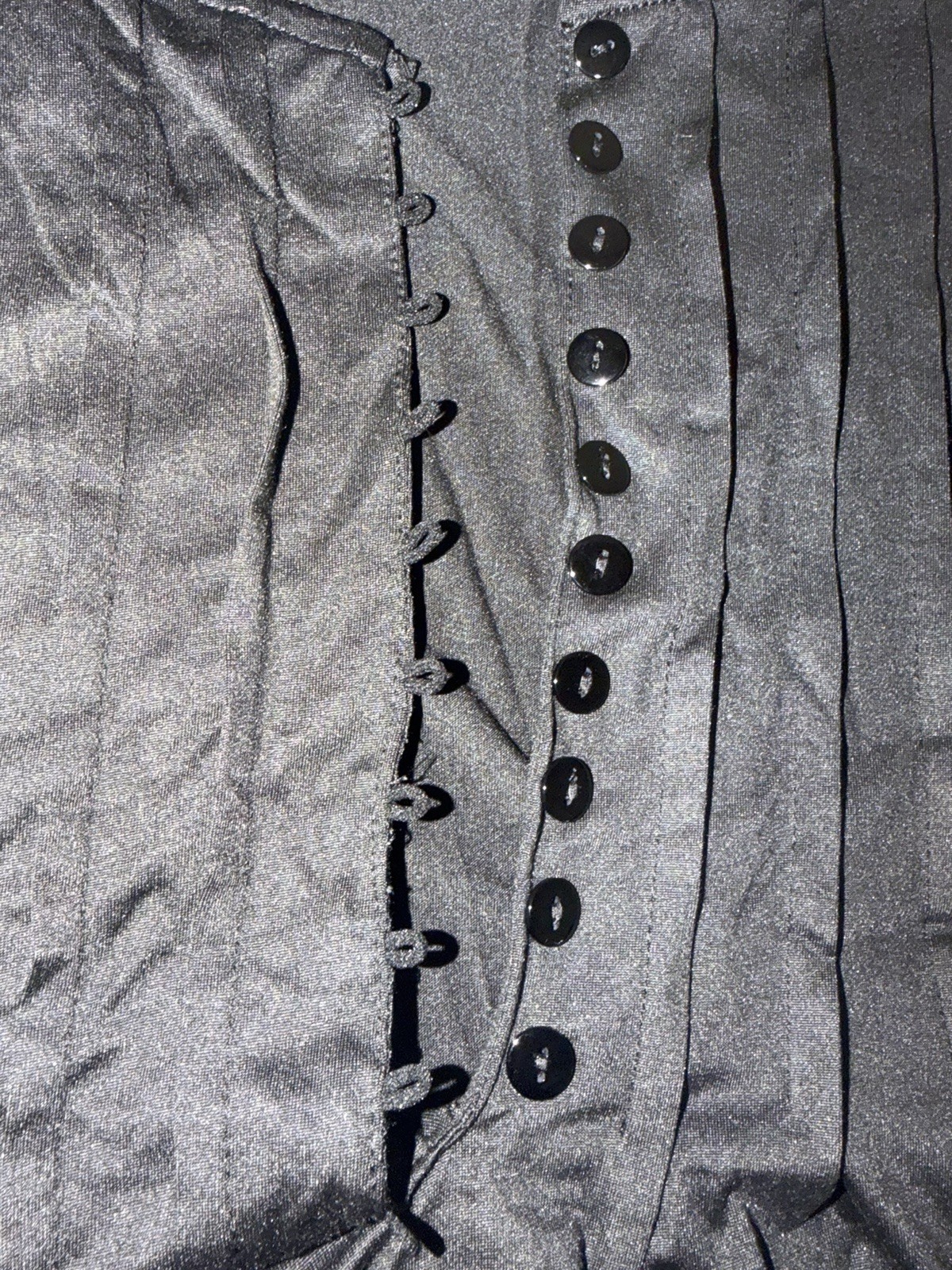 Black polyester & spandex blouse with lace sleeves and button-up front size 2XL