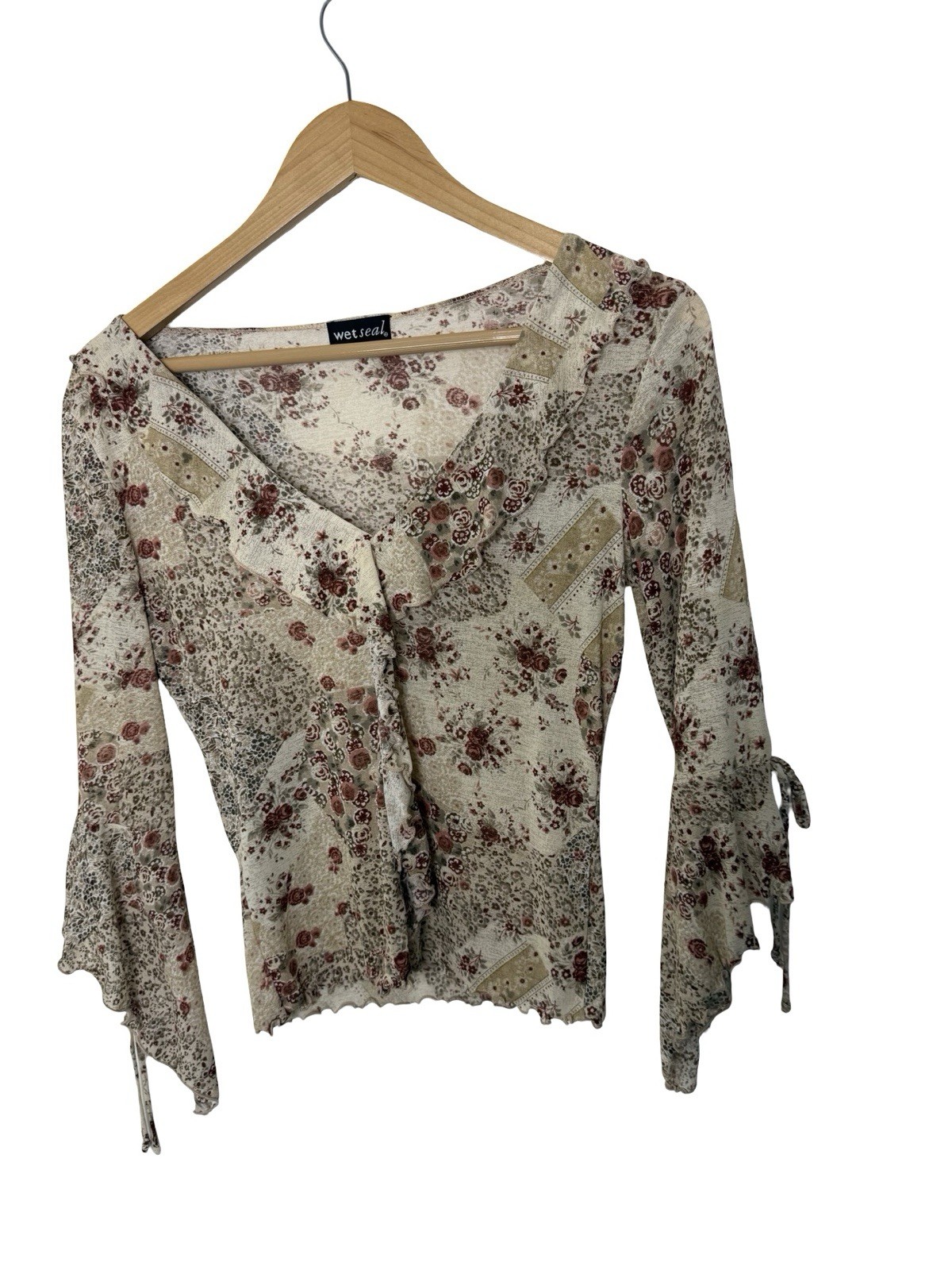 Y2K Wet Seal Tan Floral Lace Ruffle Top Sheer Bell Sleeve S M Fairy Grunge