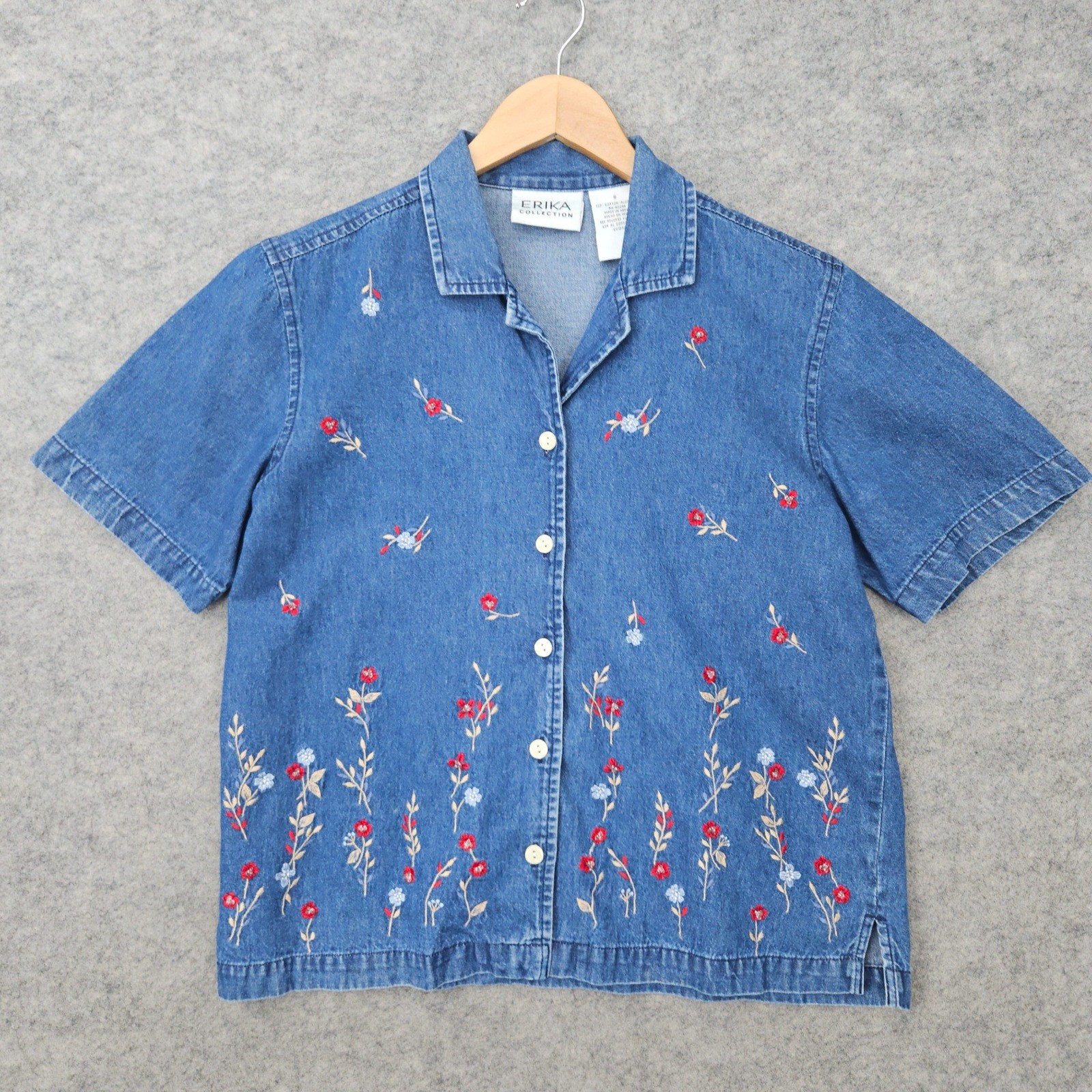 Erika Women’s Blue Denim Button Up Shirt Size S Cotton Embroidered Short Sleeve