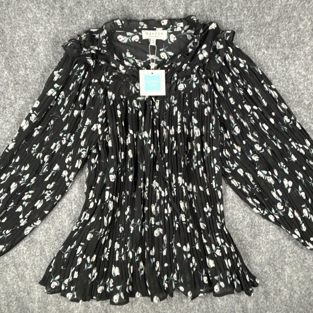Hayden Los Angeles Small Black Floral Pleated Ruffle Tie Neck Blouse NWT