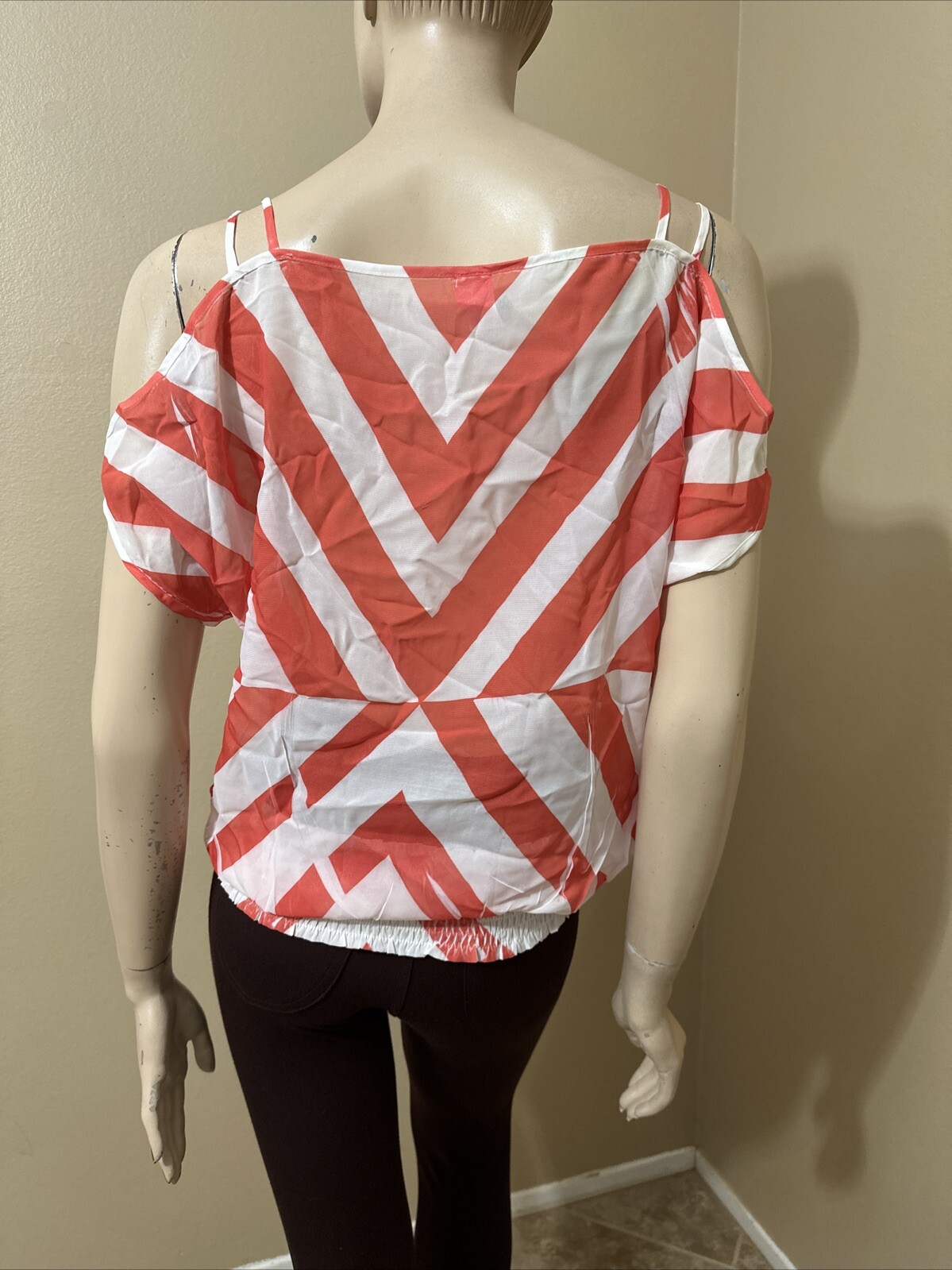 Women’s White Red Striped Polyester Casual Summer Open Elastic Waist Size L Top