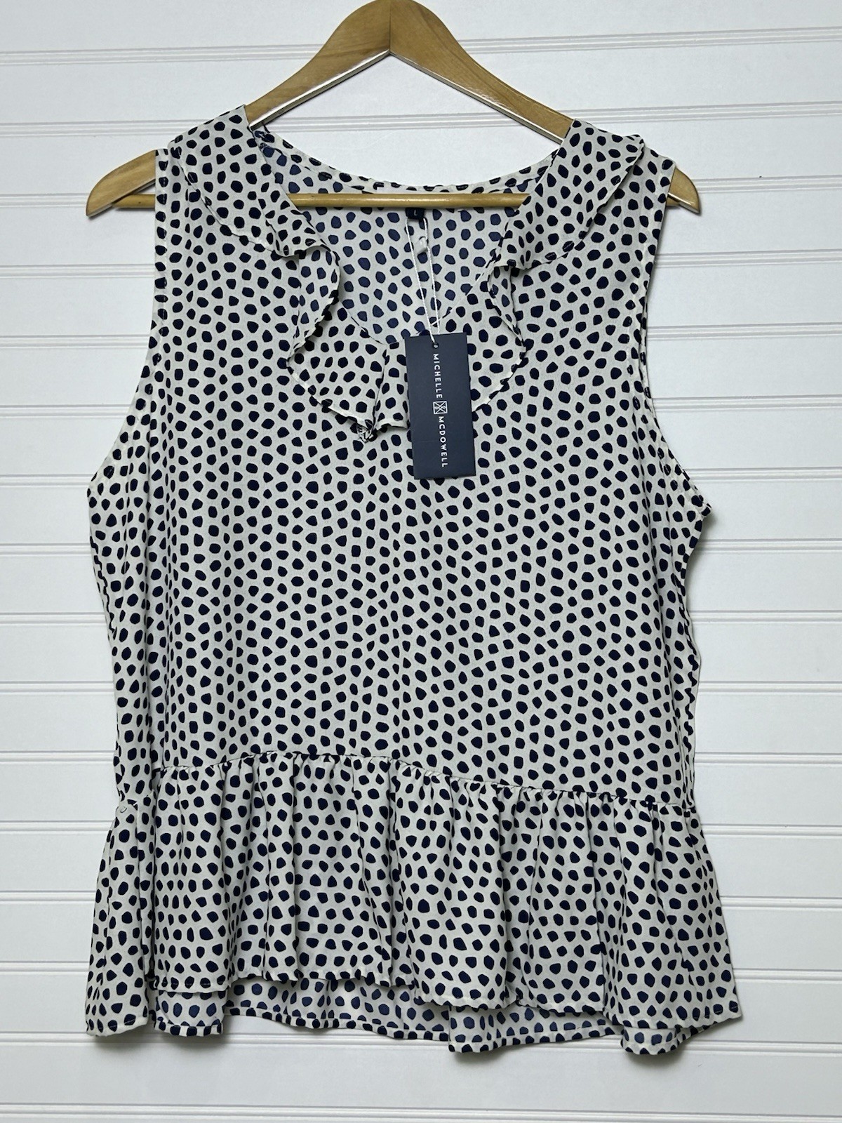 Michelle McDowell Women’s Peplum Top Ruffle Navy White Spot V-Neck, Size L NWT