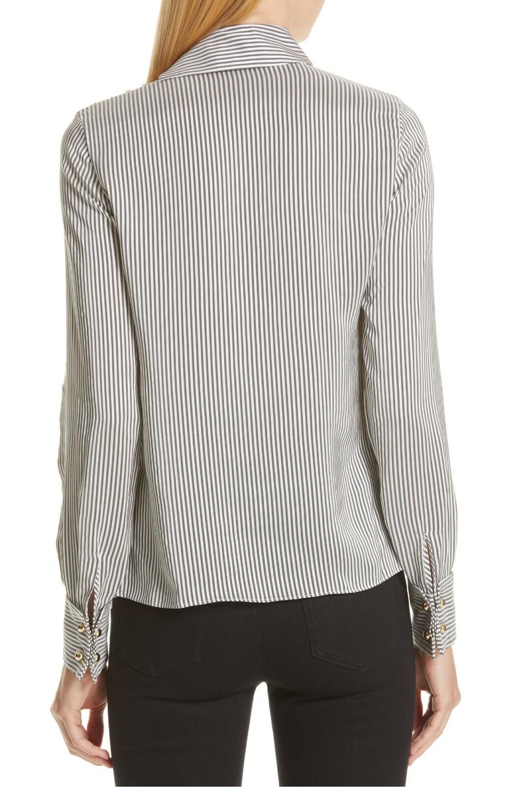 ERDEM Grey White Gold Cuff Link Mock Pin-Stripe Satin Blouse Top 6 = 10 42 38 36