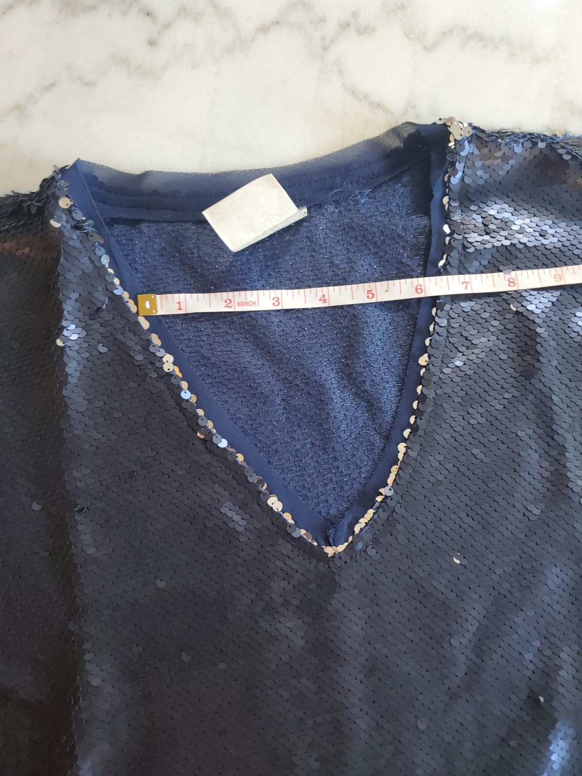 Vocal USA Dark Blue Sequin Chain Sleeve V neck Large Women’s Party Blouse New A4