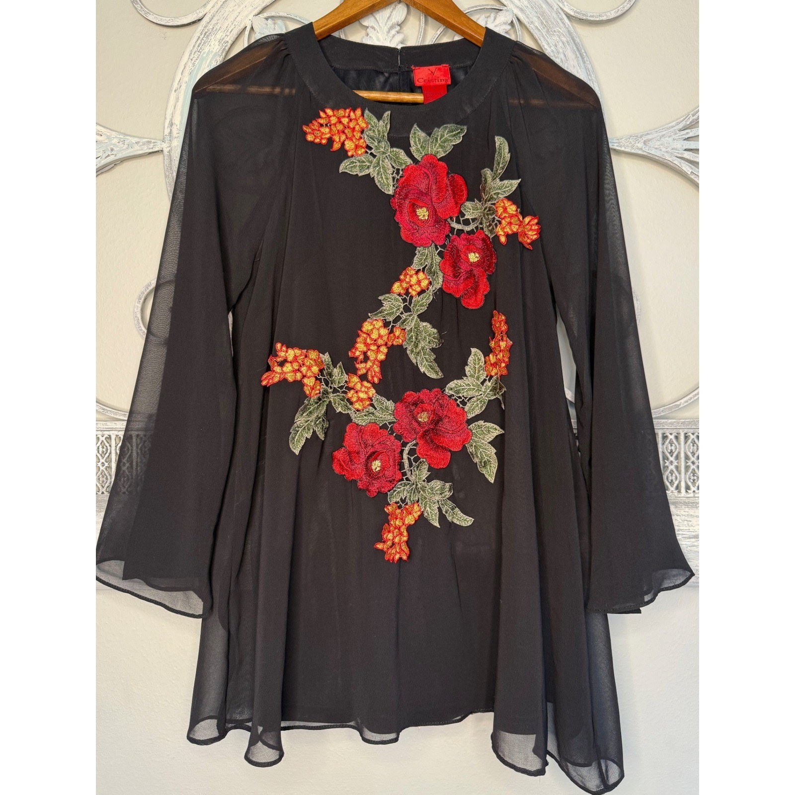 V Cristina Black Chiffon Floral Embroidered Bell Sleeve Tunic Top Womens Medium