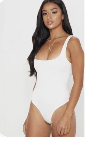 Pretty Little Thing White Slinky Square Neck Bodysuit. Size 6. NEW w/tags.
