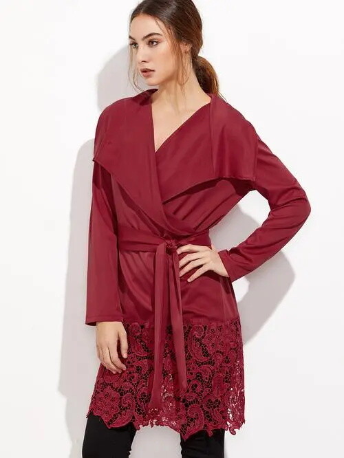US Women’s Sexy Lace Stitching Loose Coat Belted Autumn Wind Coat Casual Tops