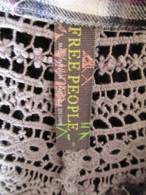 Free People FAB! Plaid Crochet Lace Insert Lower Peplum Shirt in Blue Plaid 2