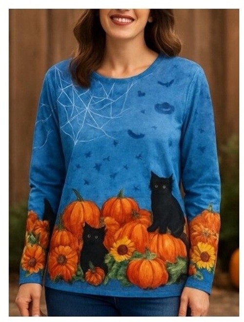 Halloween Women’s Shirt Black Cats Pumpkins Sunflowers Long Sleeve Top Large NWT