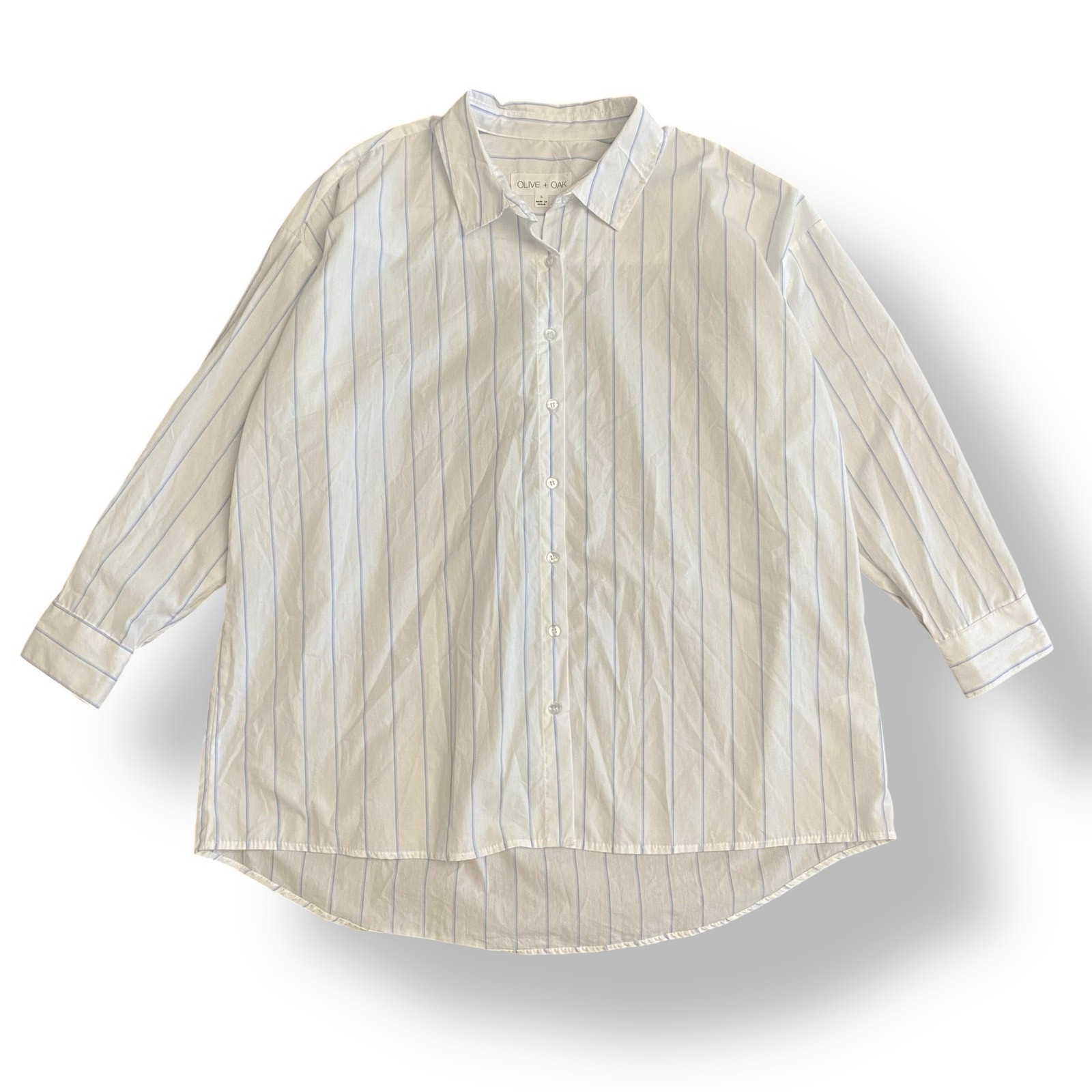 Olive + Oak Shirt L White Blue Pinstripe Button Down Oversized Blouse