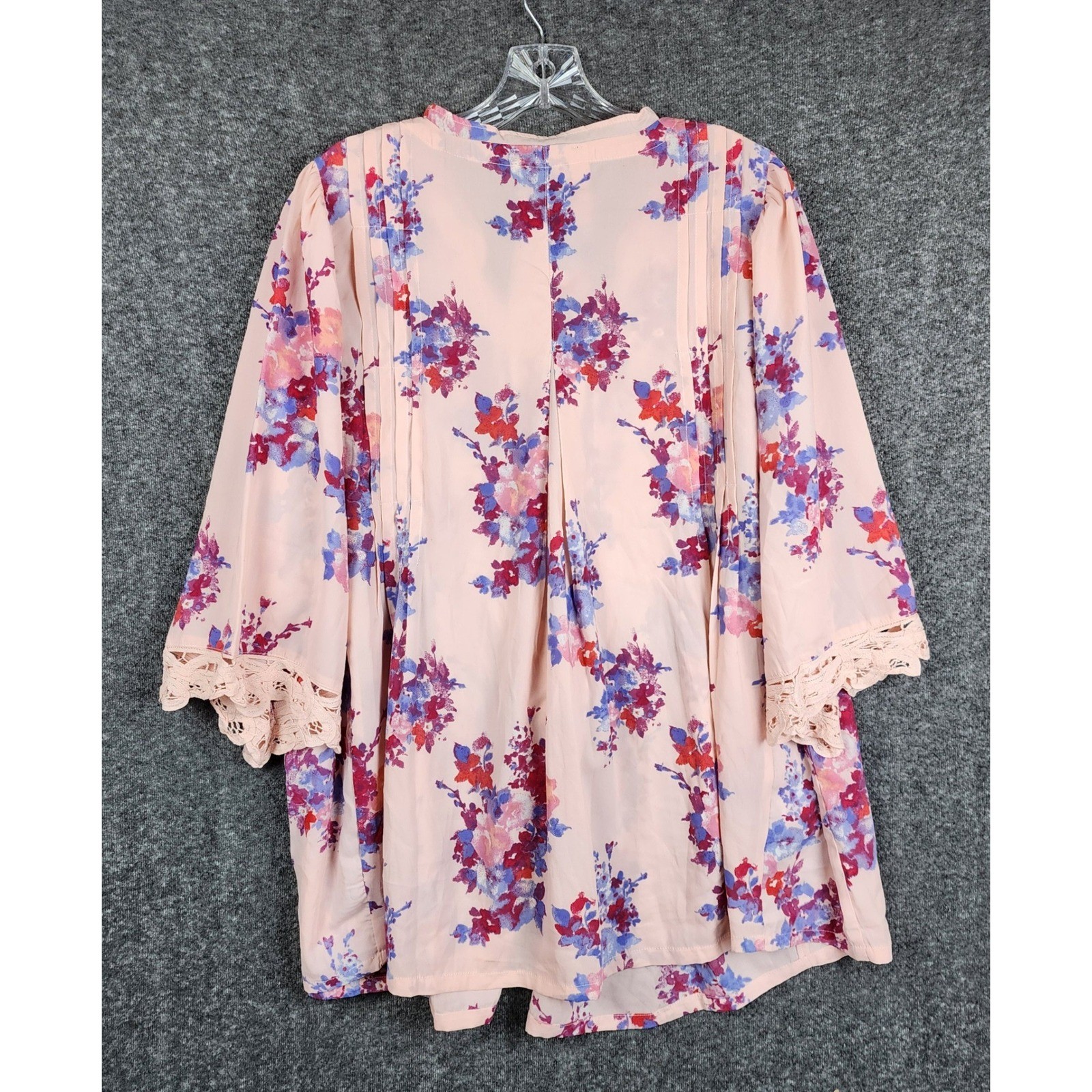 Roaman’s Floral Lace Tunic Women 16W Pink Boho Crochet Button Front Pintuck