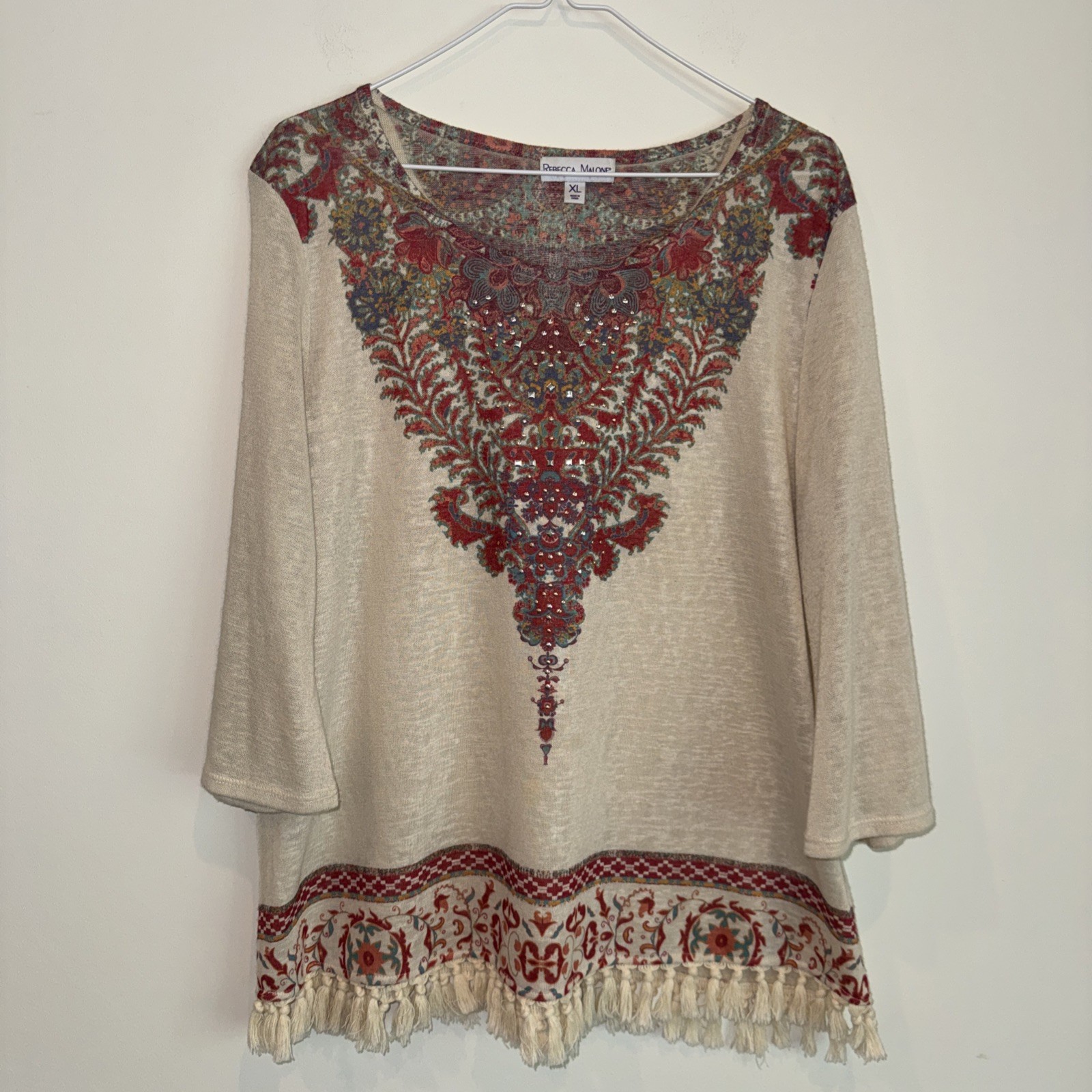 Rebecca Malone Women’s Cream/Multicolor Studded Knit Fringe Blouse Size XL