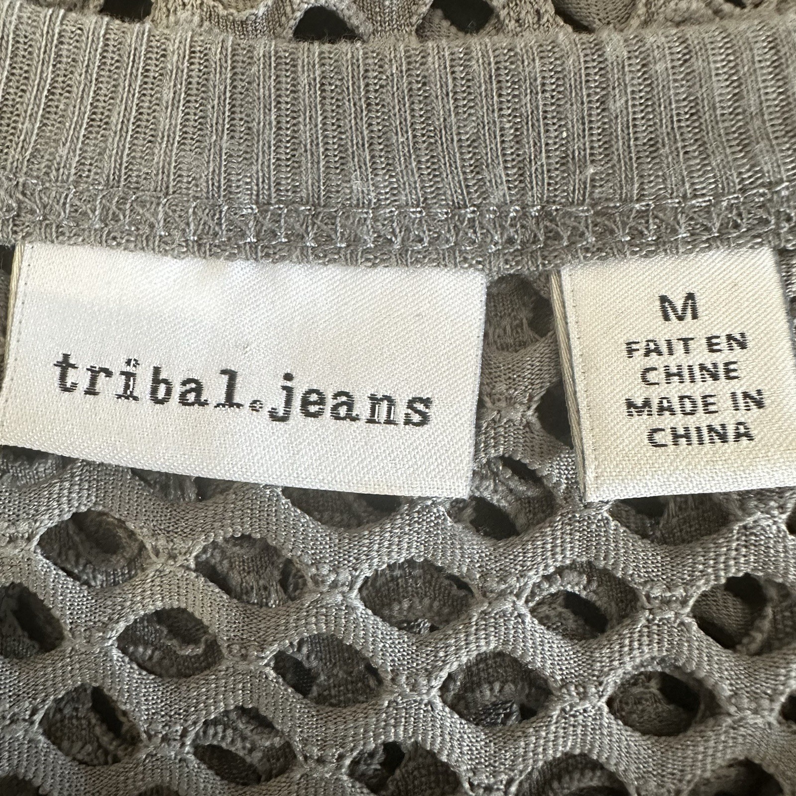 Tribal Jeans Womens Mesh Shirt Medium Gray 3/4 Sleeve Stretch Sheer Tunic Top