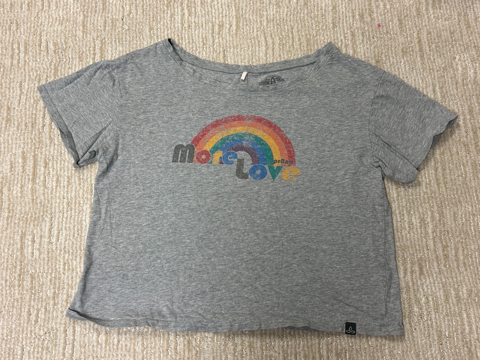 prAna Womens Organic Cotton Graphic Tee More Love Rainbow Grey Crop Top Size S