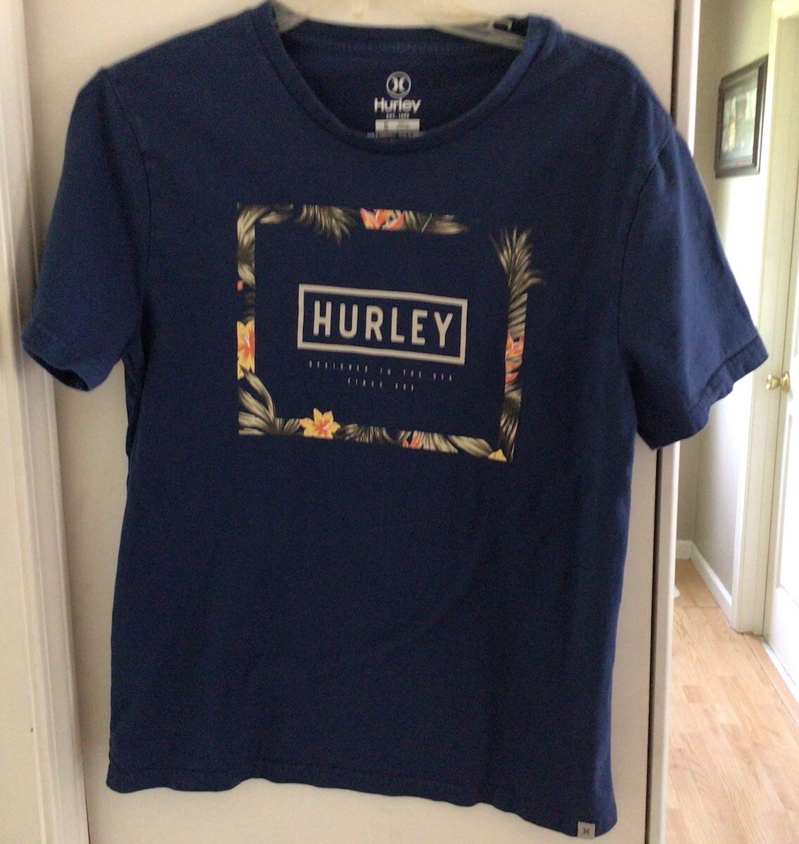 Hurley Women Blue Floral Flower Graphic Logo T-shirt Top Size Small