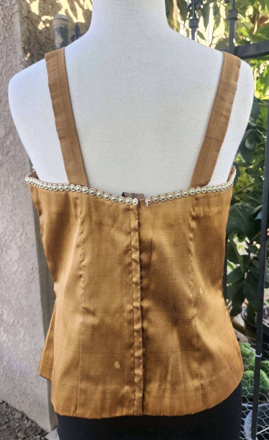 Cambodian/Khmer Silk Blouse Top Brown with Flower Gold Rhinestone Size M