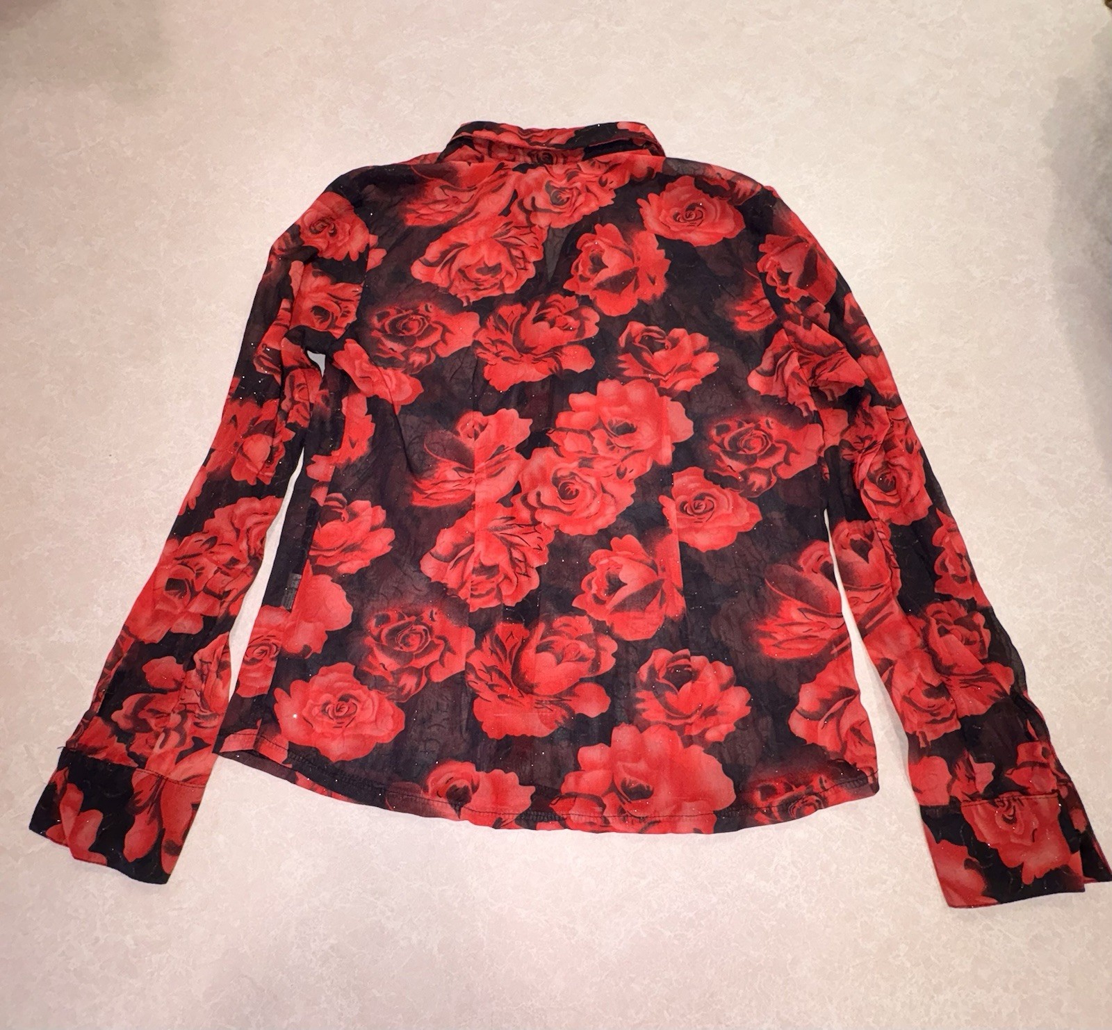 Sexy Gothic Womens S Red Black Floral Sheer Chiffon Collared Button-Up Blouse