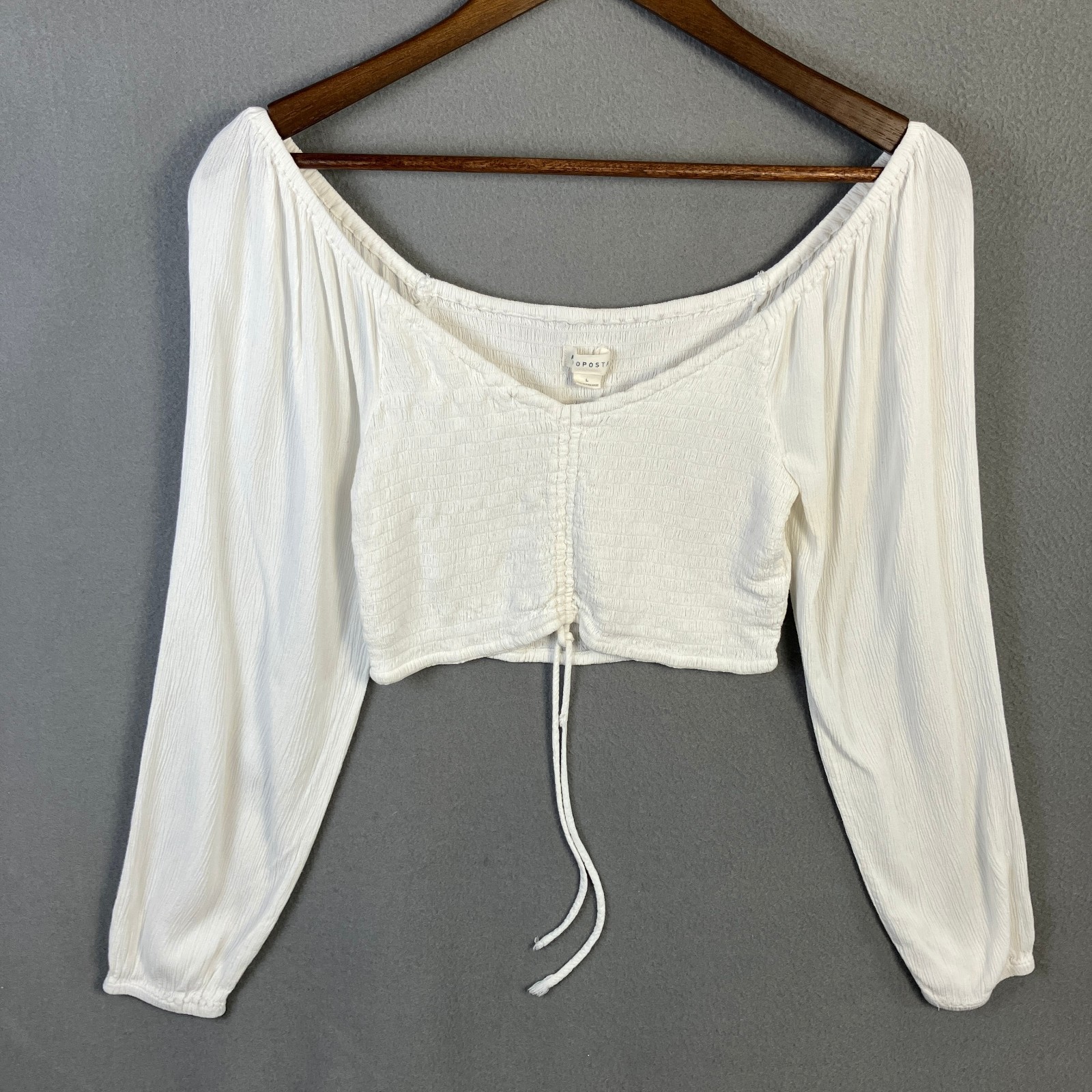 Aeropostale Smocked Crop Long Sleeve Top Women’s Size L White Ruched Drawstring