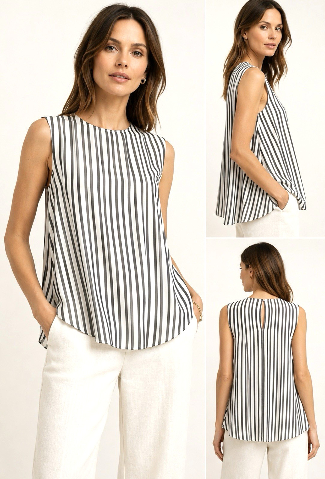NEW! Brunello Cucinelli 100% Silk Striped Sleeveless Blouse Top Relaxed Gray S