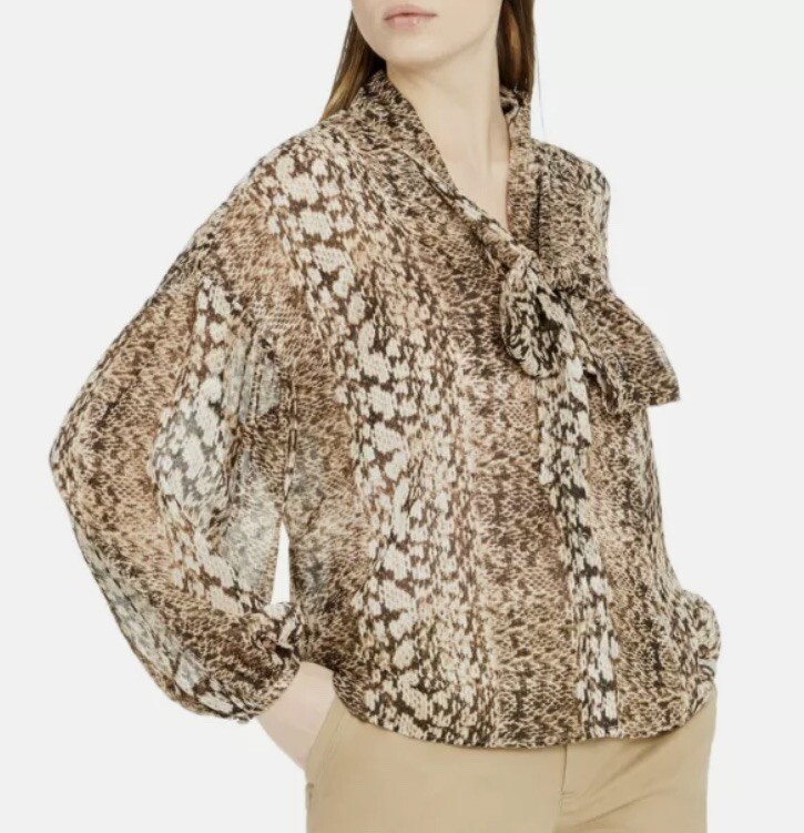 INC Women’s Blouse Brown Size S Snake Print Metallic Sparkle Tie Neck Bow