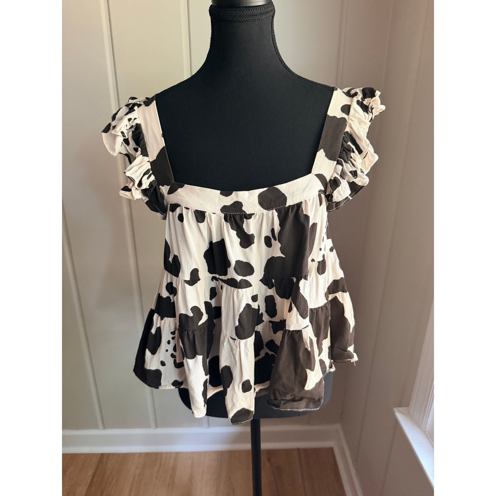Mi Ami Cow Print Top Western Boho Tiered Ruffle Babydoll Blouse Brown White L