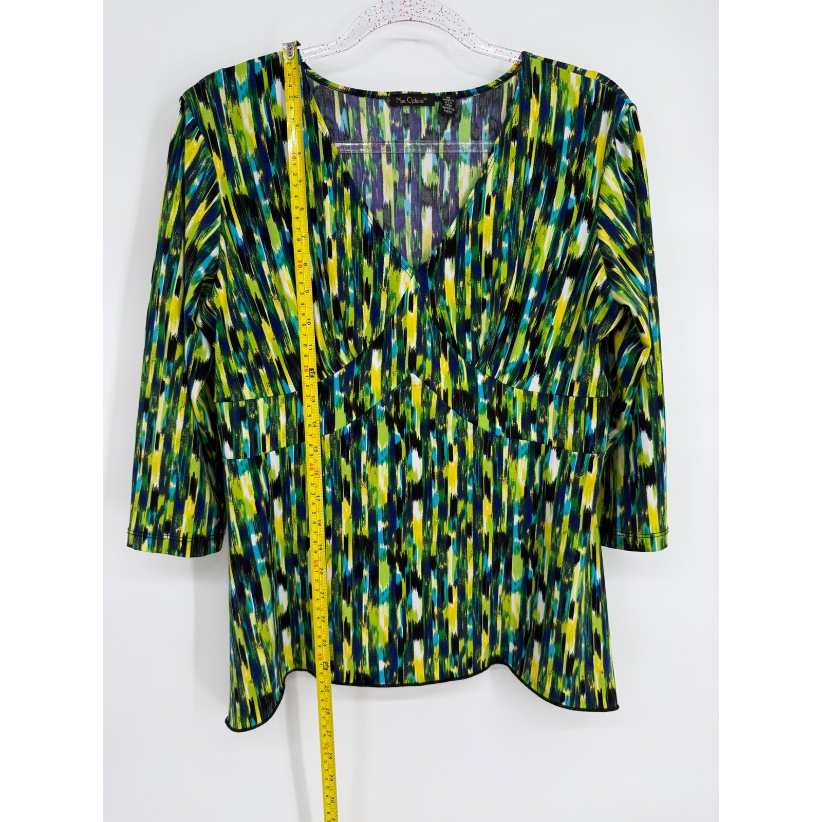 Nue Options Womens V-Neck 3/4 Sleeve Abstract Print Top Green Blue Yellow Sz M