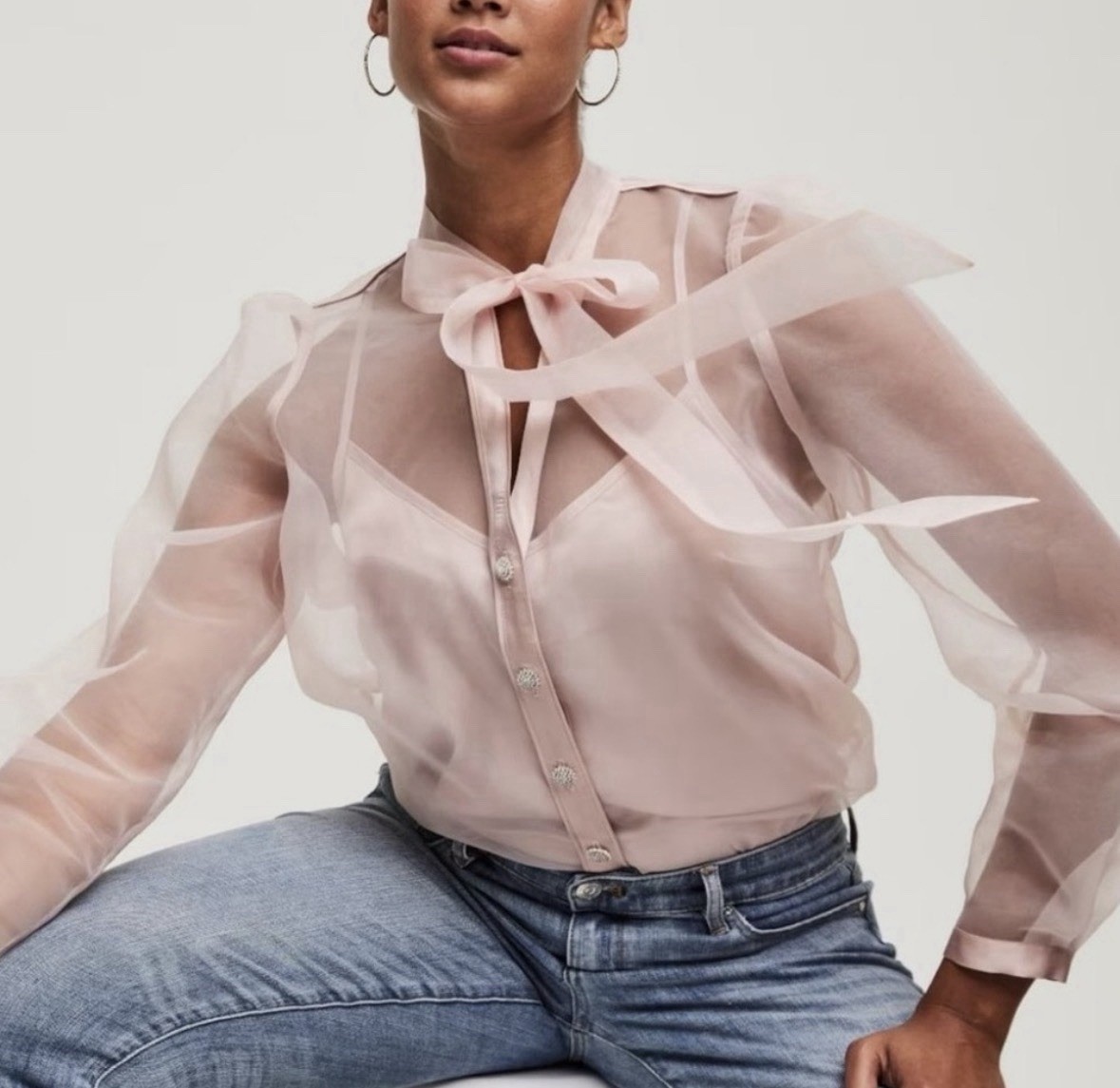 WHBM Womens Sheer Blush Pink Romantic Tie Neck Organza Blouse w/ Camisole Sz M