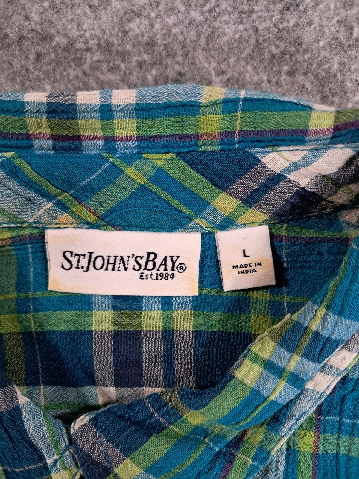 St Johns Bay Womens Blue Green Gauze Cotton Blouse Top Large LARGE L