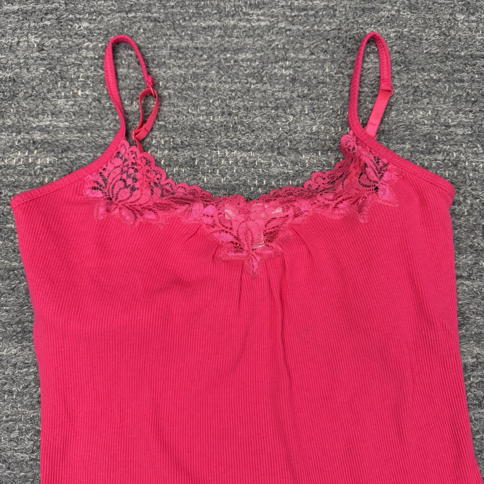 Zena Tank Top Women Medium Pink Ribbed Lace Trim Babydoll Built In Bra Y2K 90s