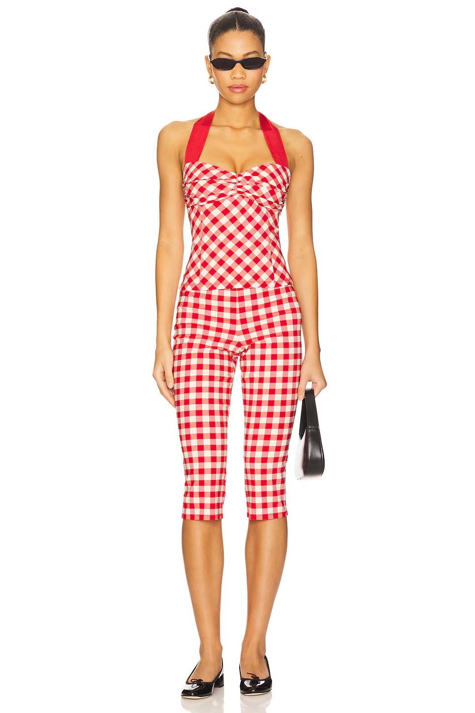 LPA Lizzie Top Red Gingham Print Halter Ruched Blouse Women’s Size S NWT