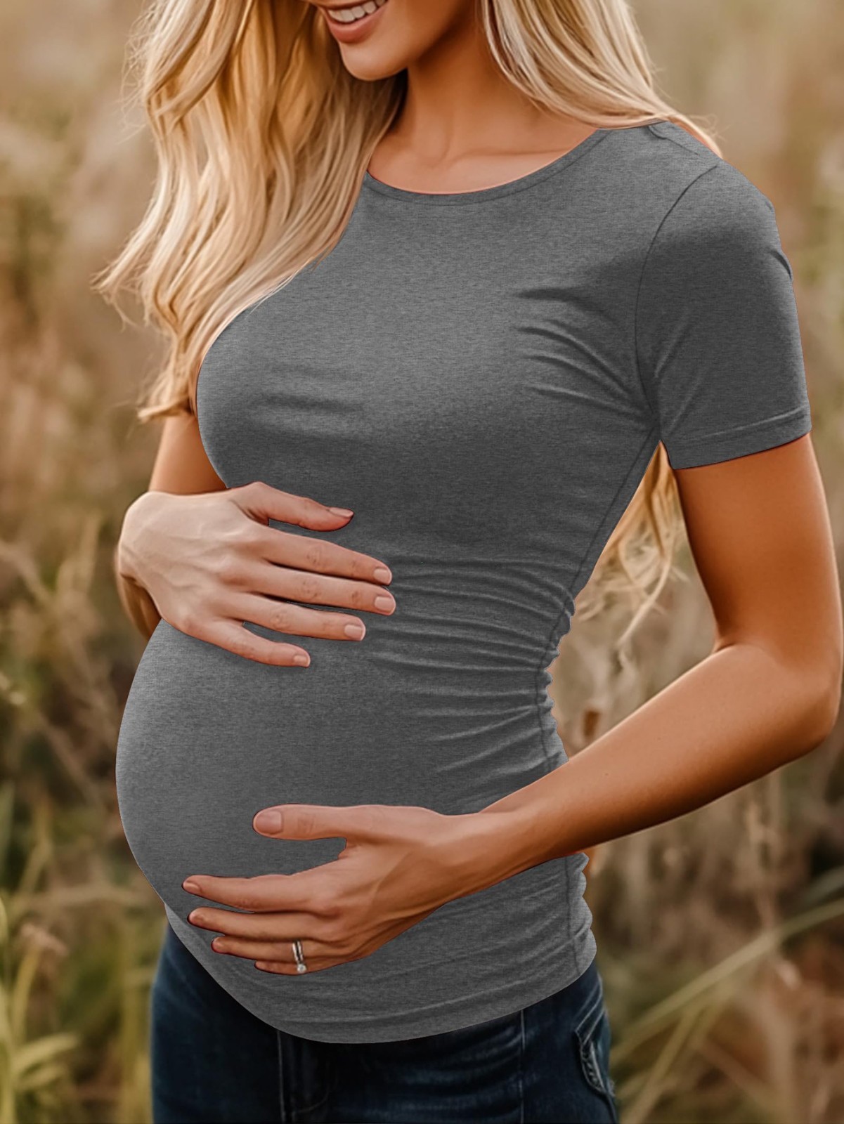 4Pk Maternity Short Sleeve Tees Side Ruched Scoop Neck
