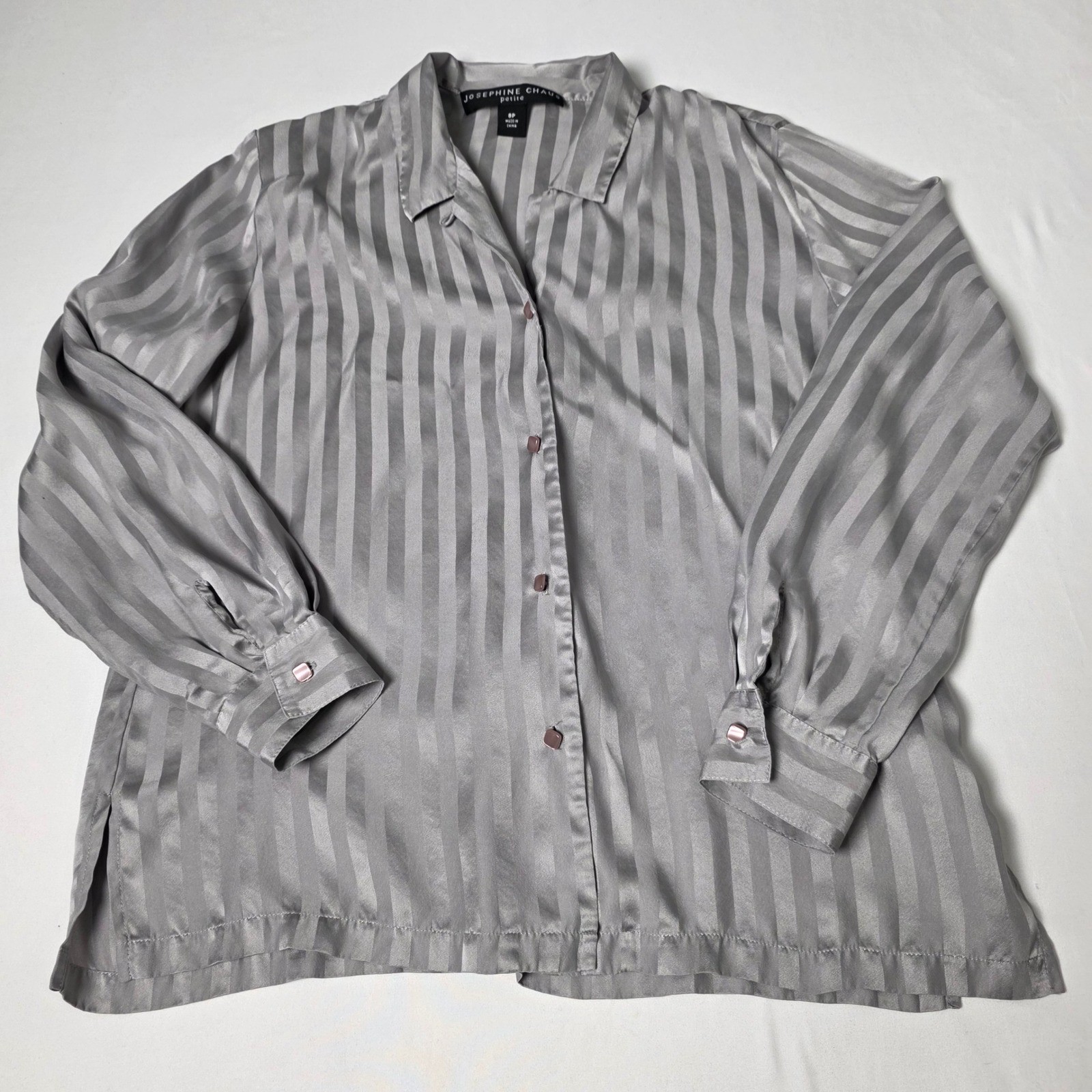 Josephine Chaus Blouse Women 8P Silver Grey 100% Silk Tonal Striped Button Up