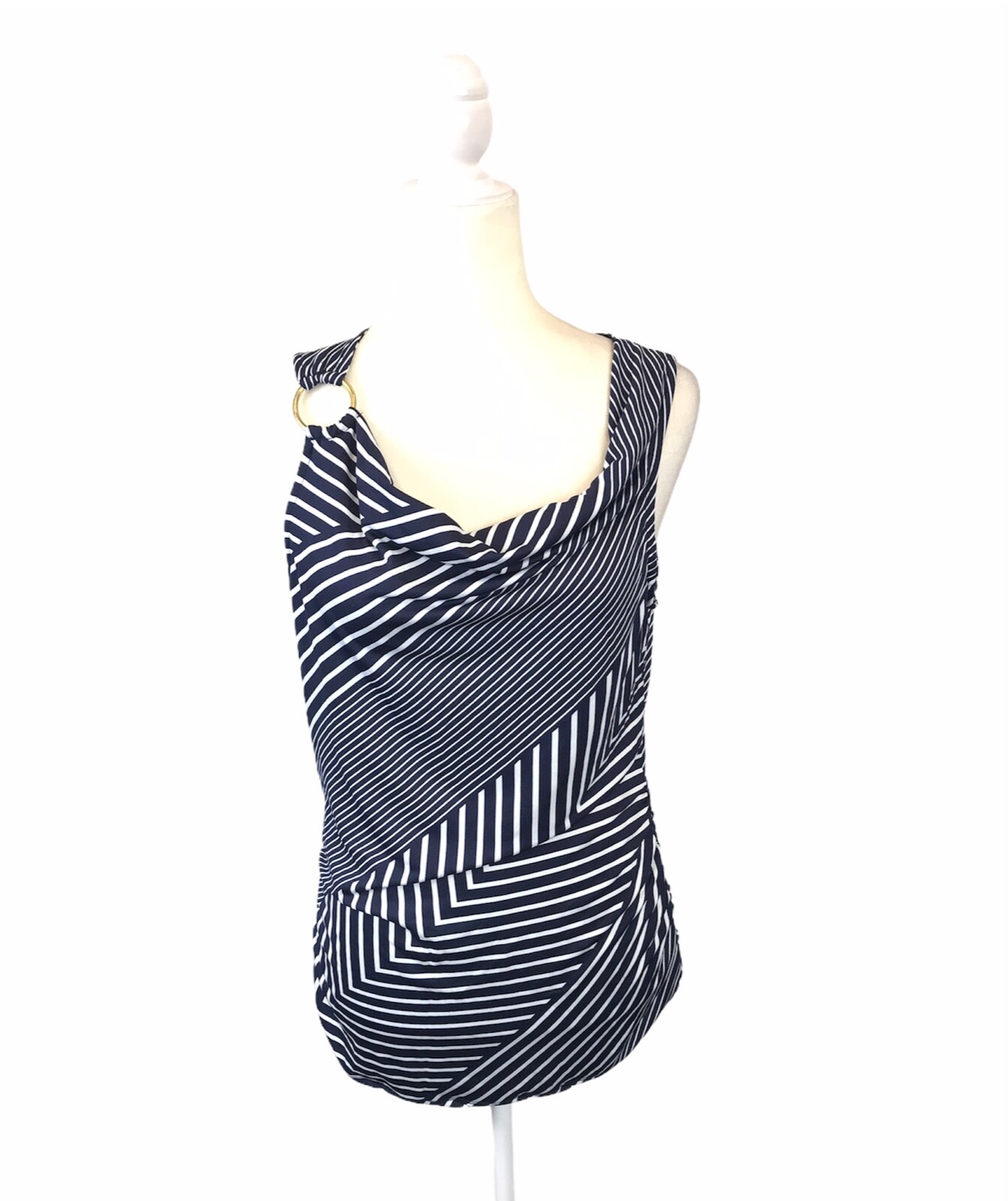 Robert Louis Womens Size M Stripe Blue White Sleeveless Top Drape Neckline EUC