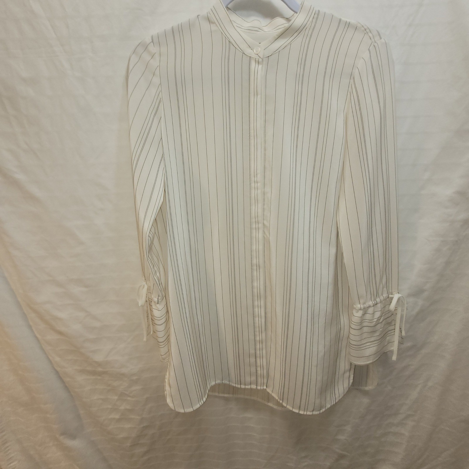 Lafayette 148 New York Silk Pinstripe Tunic Band Collar Tie Cuff Top Petite P