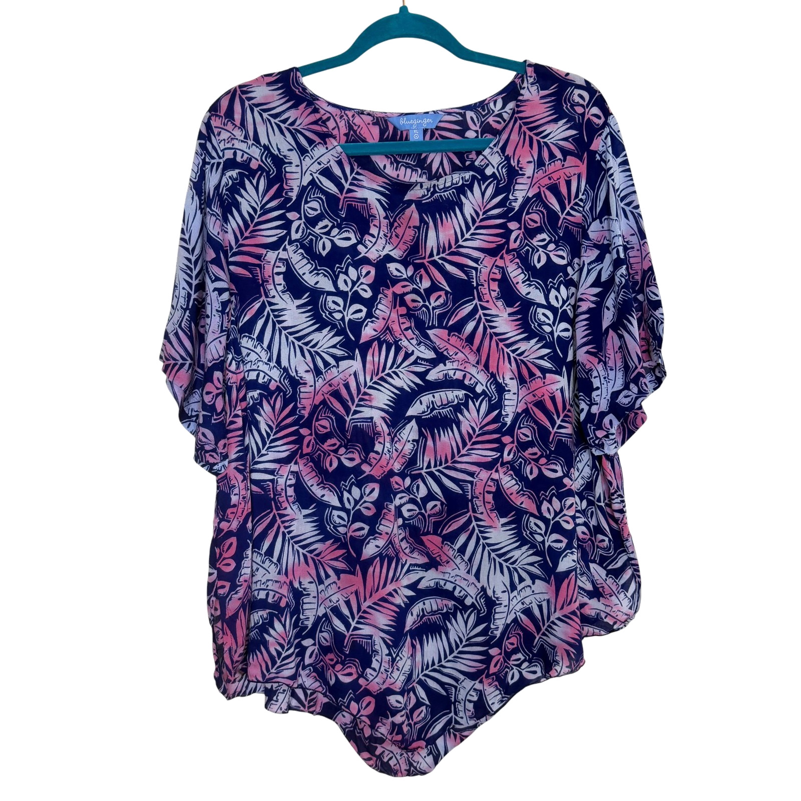Blue Ginger Hawaiian Blouse Shirt Top Asymmetrical Palm Tie Dye Blue XL