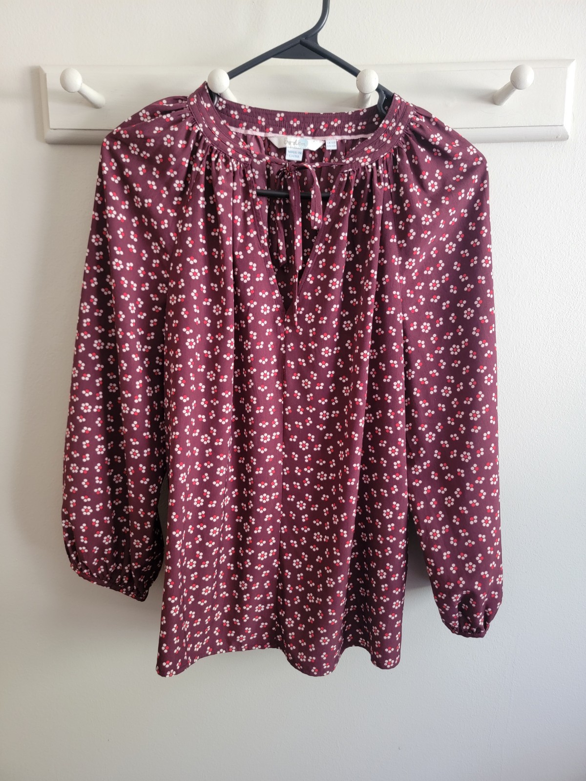 Boden Women’s Maroon Floral Blouse Flouncy US 10 Boho Work Cottage Peasant EUC