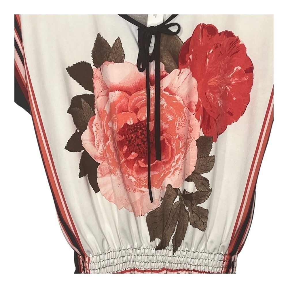 Claudia Richard Floral Peplum Blouse Women Medium White Red Smocked Tie Neck NEW