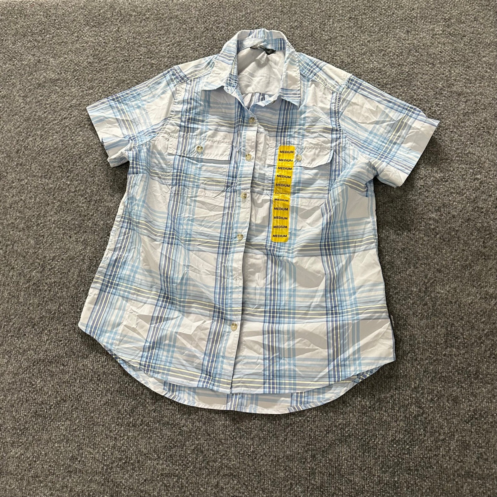 Eddie Bauer Shirt Womens Size M Blue Plaid Short Sleeve Hiking Outdoor Button Up