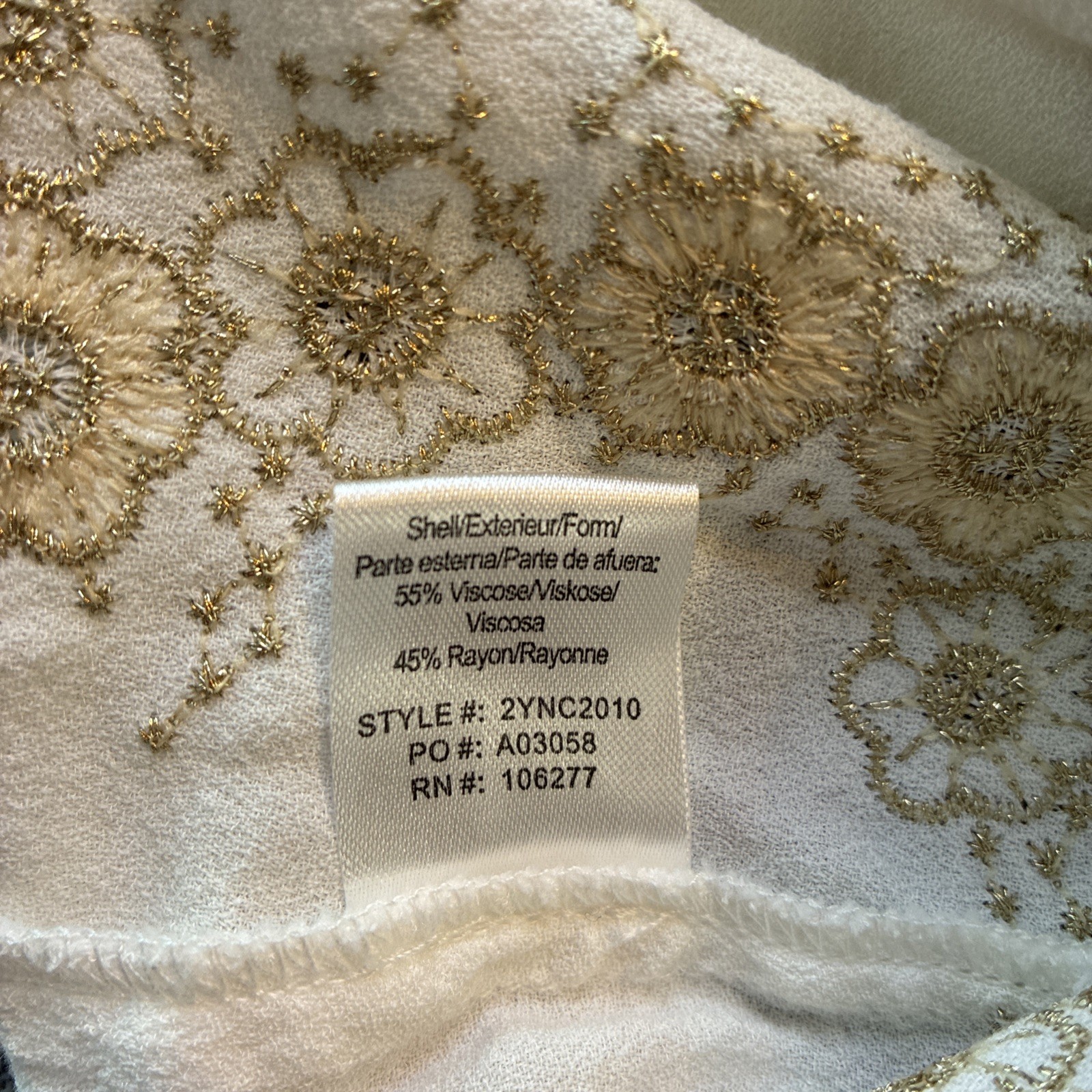 Hale Bob Women’s White Gold Floral Embroidered Peasant Blouse Bishop Sleeve S