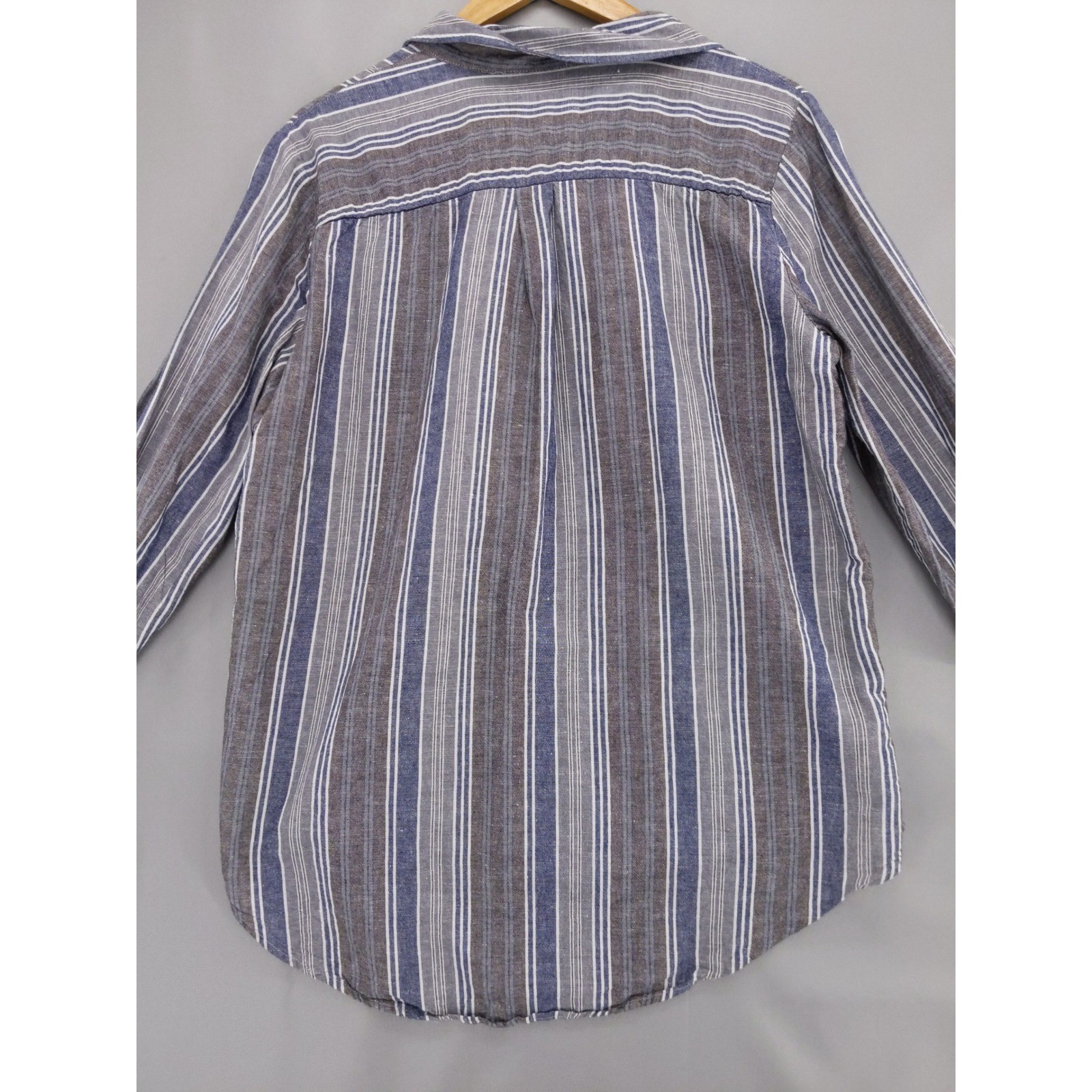 Ellen Tracy Button Up Shirt Linen Blend Sz L Blue Striped Roll Tab Sleeve
