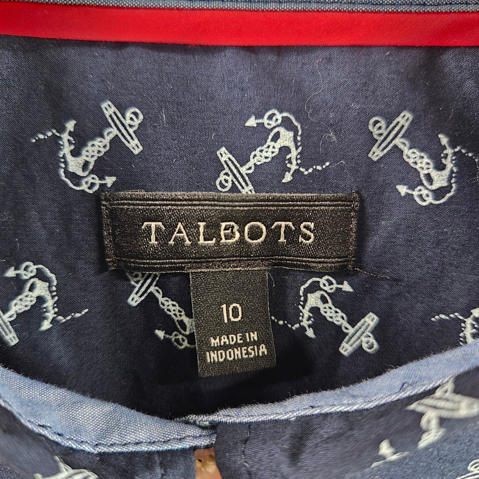 Talbots Womens Navy Blue Anchor Nautical Print Cotton Button Down Shirt Size 10