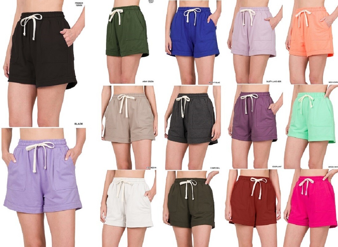 FRENCH TERRY DRAWSTRING Waist Short Back and Front Pockets Hiking 100% Cotton