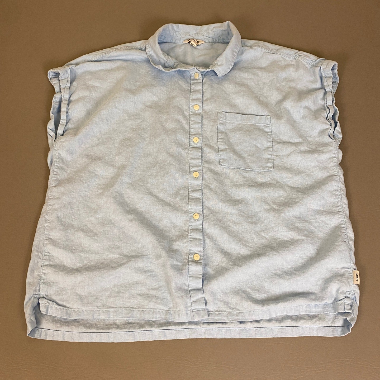 Orvis Linen Sleeveless Shirt Top Women’s Size XL Light Blue Button Up Rayon