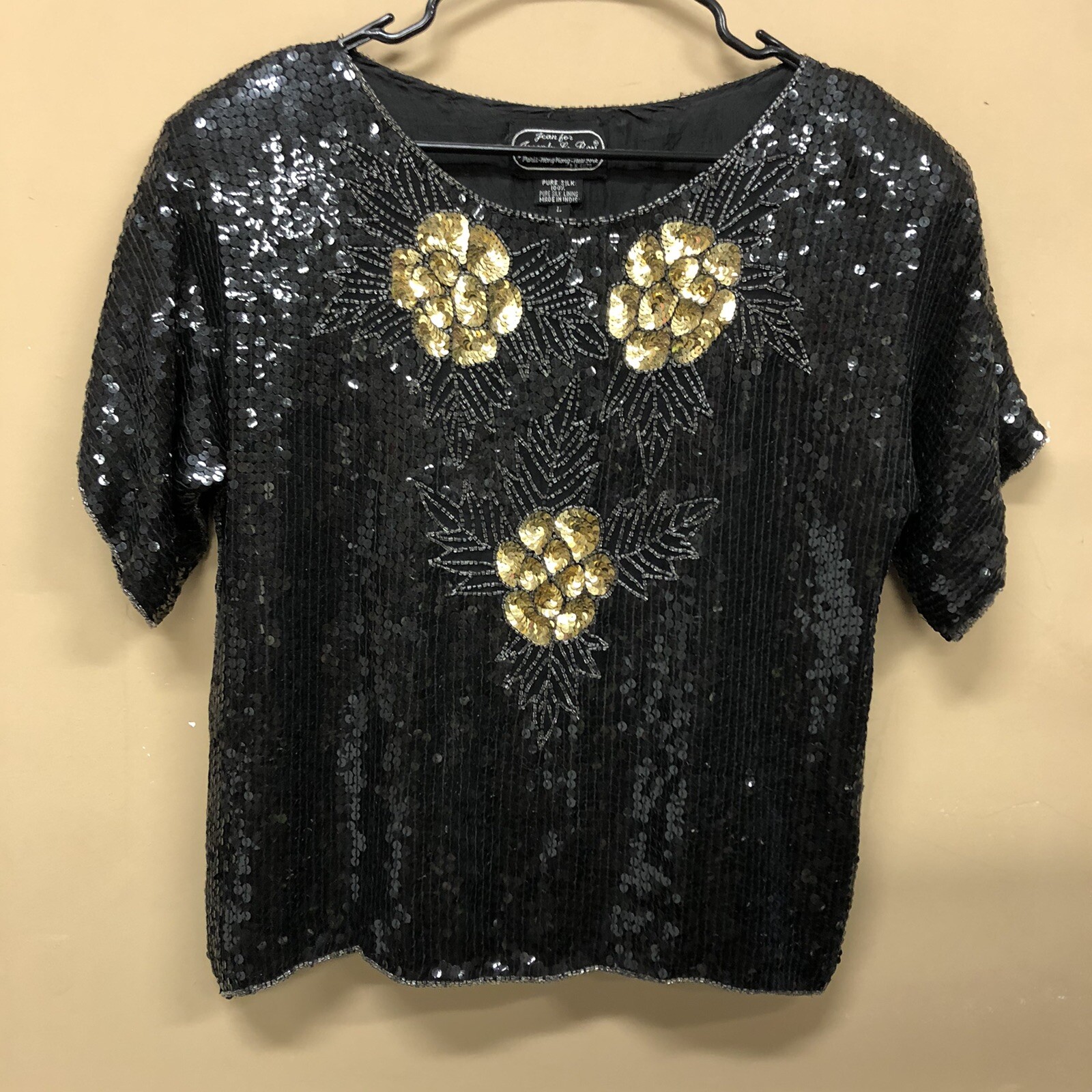 Joseph Le Bon Vintage Silk Sequin Bead Art Drag Blouse Top Paris Silk Large